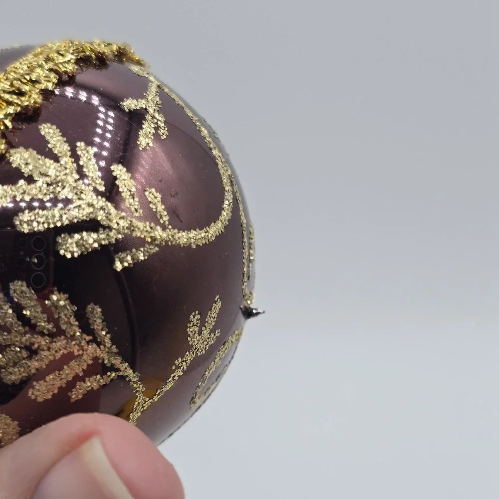 2 Vtg Glass Ball Christmas Ornaments Purple Gold Hand Blown‎ Unique